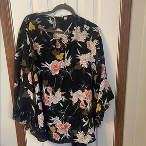 Cato Black Floral V-Neck Blouse with Pink & Cream Blooms
